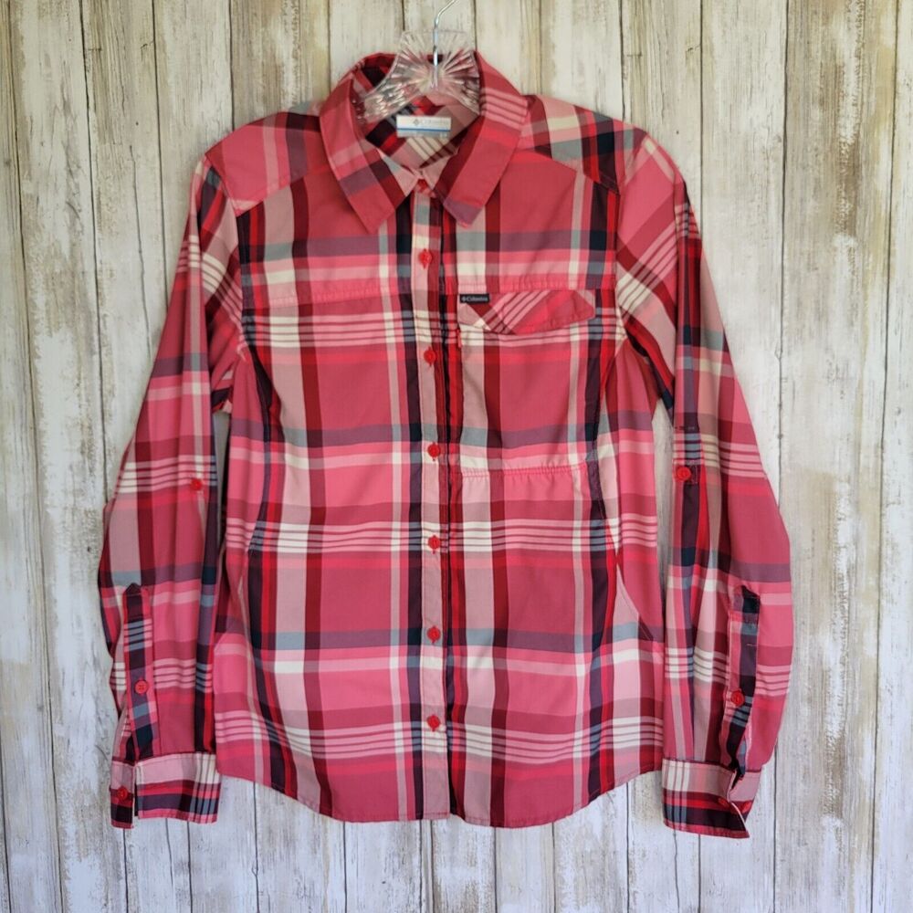 Columbia Womens Long Sleeves Roll Tab Button Up  Shirt Pink Striped Sz PS